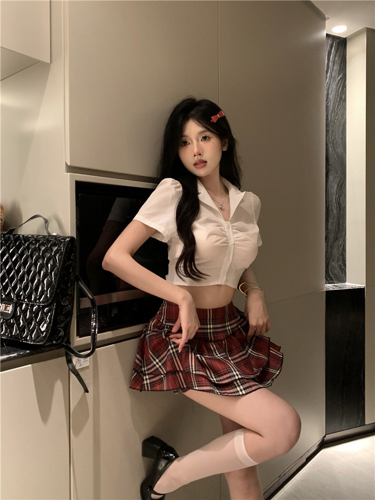 辣妹學院風性感短袖襯衫上衣女夏季復古綁帶蝴蝶結