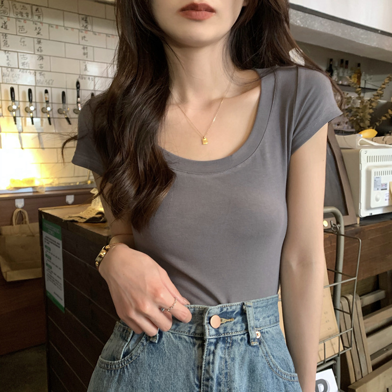 純色百搭短袖T恤女打底衫夏季修身U領