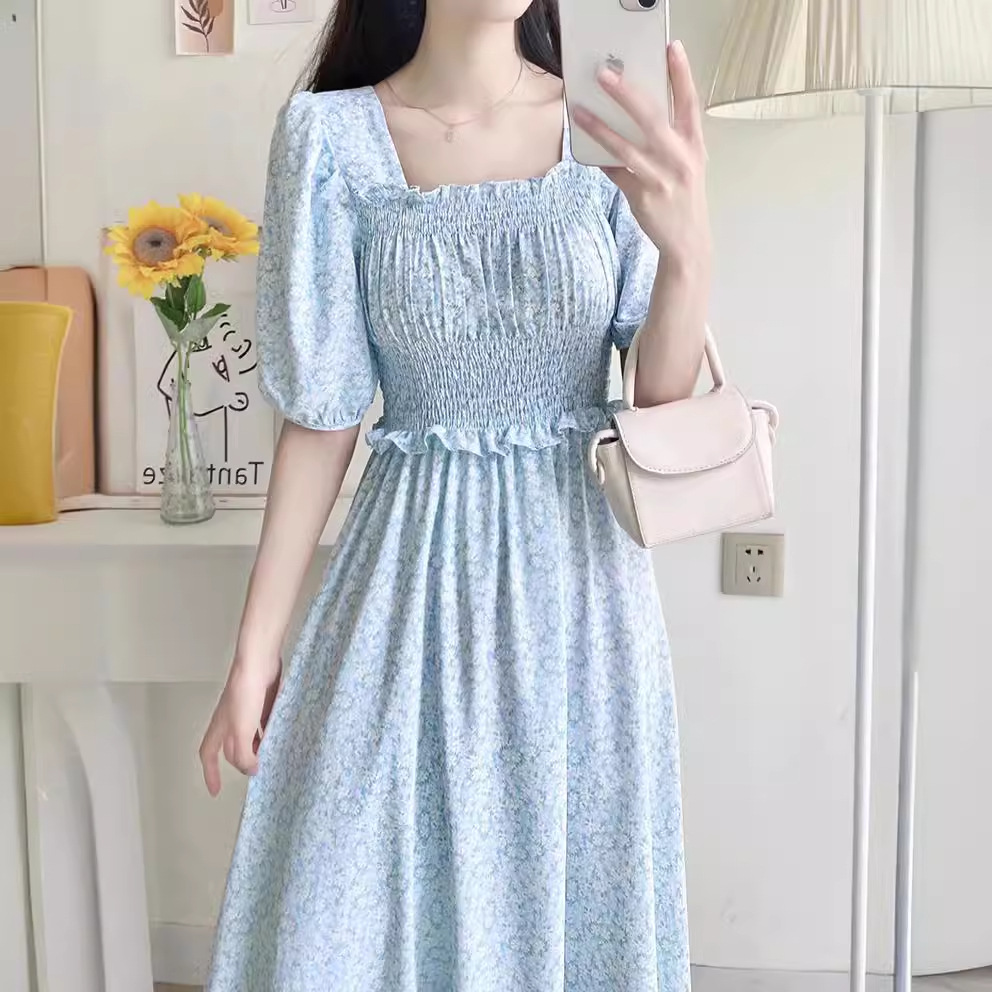 寬鬆顯瘦時尚短袖連衣裙中長款修身法式韓版夏季英倫風碎花新款