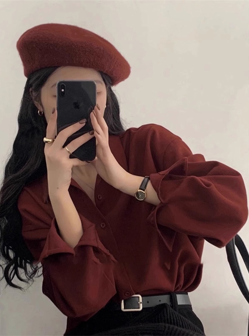 復古港風紅色襯衫女春季法式高級感慵懶疊穿襯衣韓系簡約打底上衣