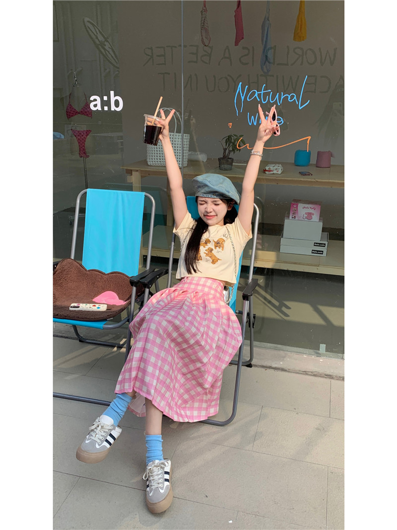 實拍印花小狗短款顯瘦少女短袖T恤+格子高腰百褶長裙