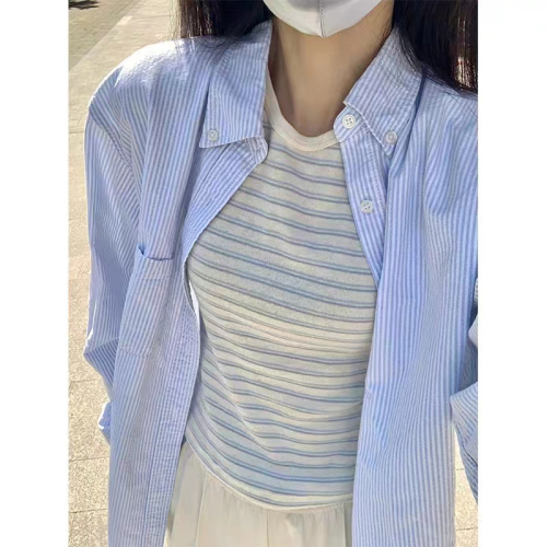 35棉蓝色条纹休闲衬衫女2024夏季新款小众长袖防晒衬衣