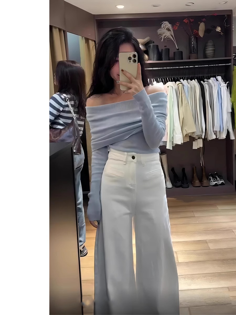 炸街減齡時尚套裝女早春2024新款設計感一字肩上衣闊腿褲兩件套潮