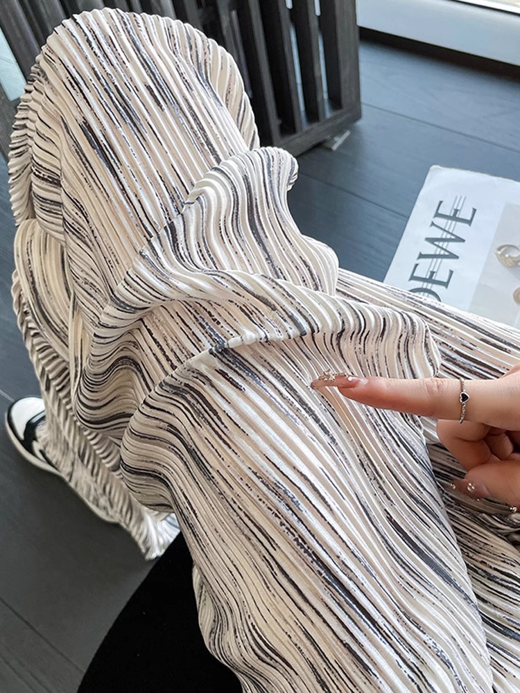 扎染冰絲褶皺闊腿褲女夏季薄款高腰寬鬆直筒顯瘦黑色休閒拖地褲子