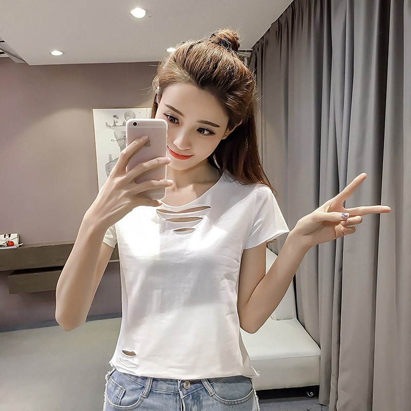 時尚破洞圓領短袖t恤女夏裝新款寬鬆顯瘦短款內搭打底衫上衣