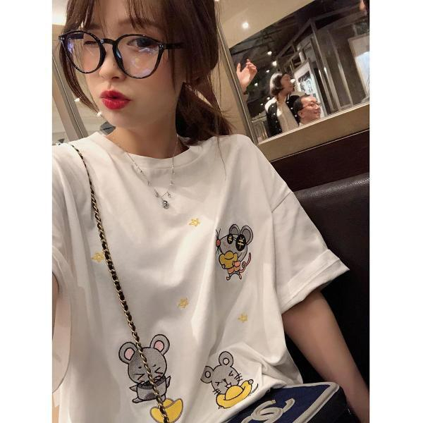 40支95%純棉+刺繡重工刺繡寬鬆大碼夏季學生短袖T恤女