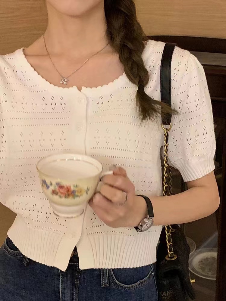 復古港風溫柔薄款針織衫開衫女夏高腰短款罩衫短袖鏤空上衣