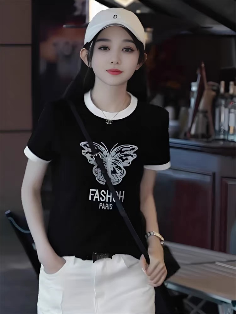 蝴蝶印花短袖針織衫女2024新款夏季設計感小眾撞色圓領短款上衣