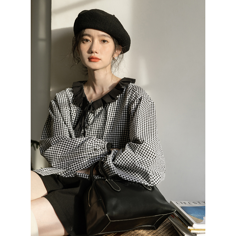 日系復古格子花邊領長袖襯衫女設計感小眾法式別致寬鬆上衣春秋季