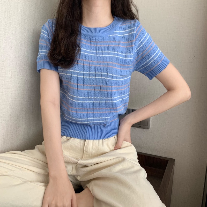韓風chic上衣女裝新款ins潮針織短袖t恤修身短款打底衫上衣夏