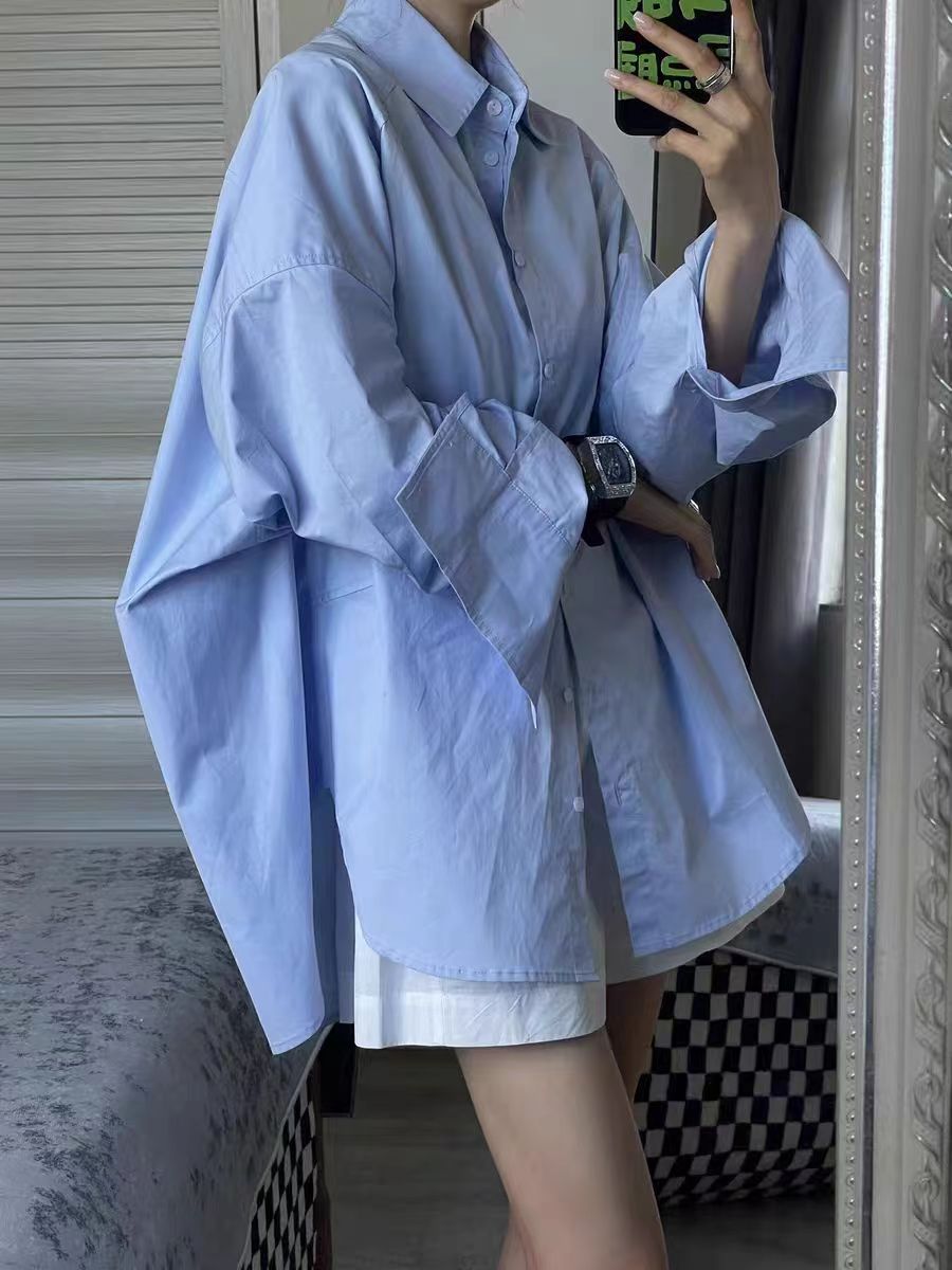 FREEDMST 藍色襯衫女秋冬新款寬鬆休閒挺括時髦長袖防曬襯衣外套