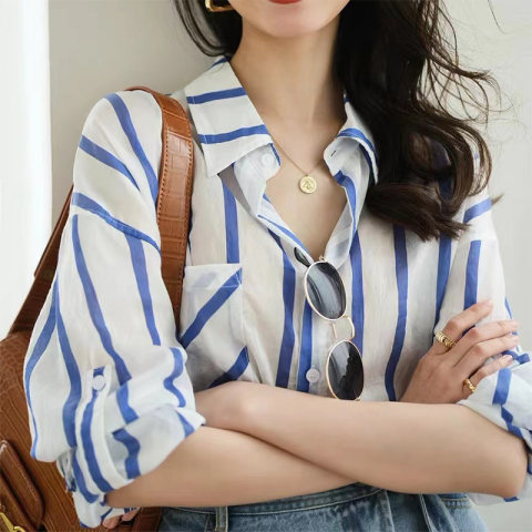 ronron復古百搭條紋襯衫2024夏季新款設計感氣質防曬上衣女薄款