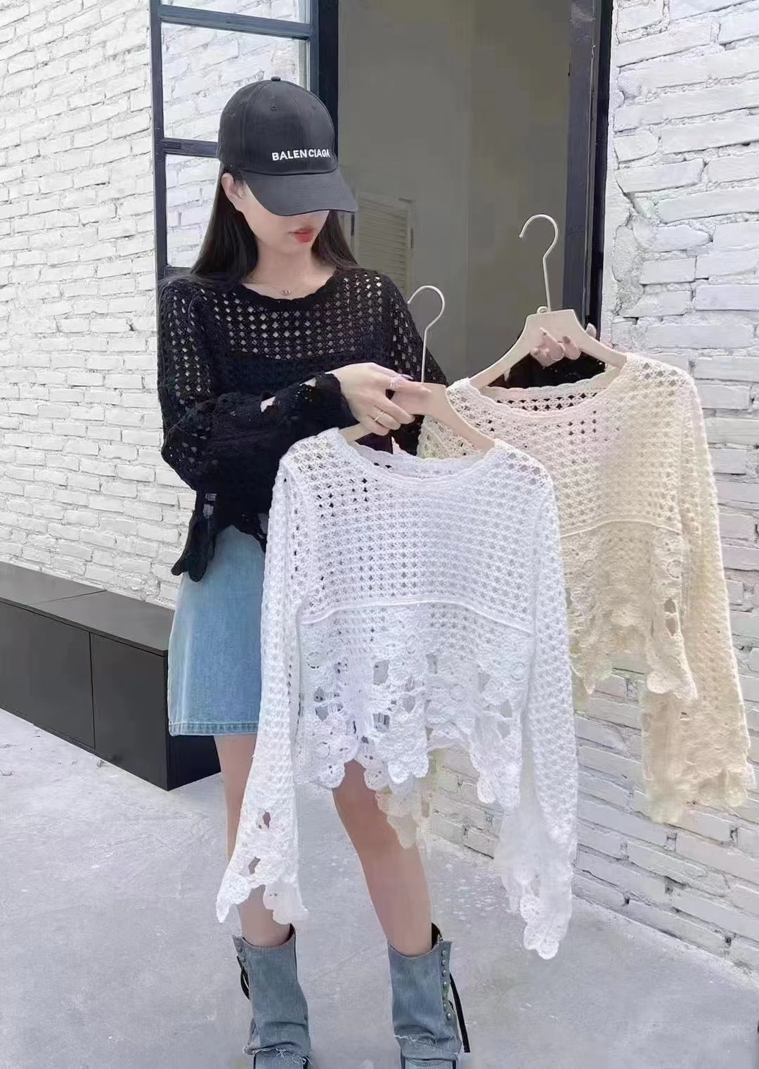 2024春季高級感重工鈎花鏤空不規則下擺短款上衣女度假風罩衫t恤