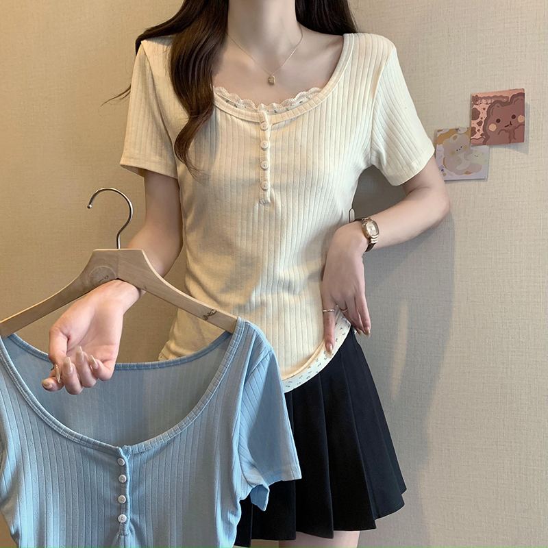 實拍夏季蕾絲花邊拼接假兩件短袖T恤女疊穿百搭顯瘦上衣潮