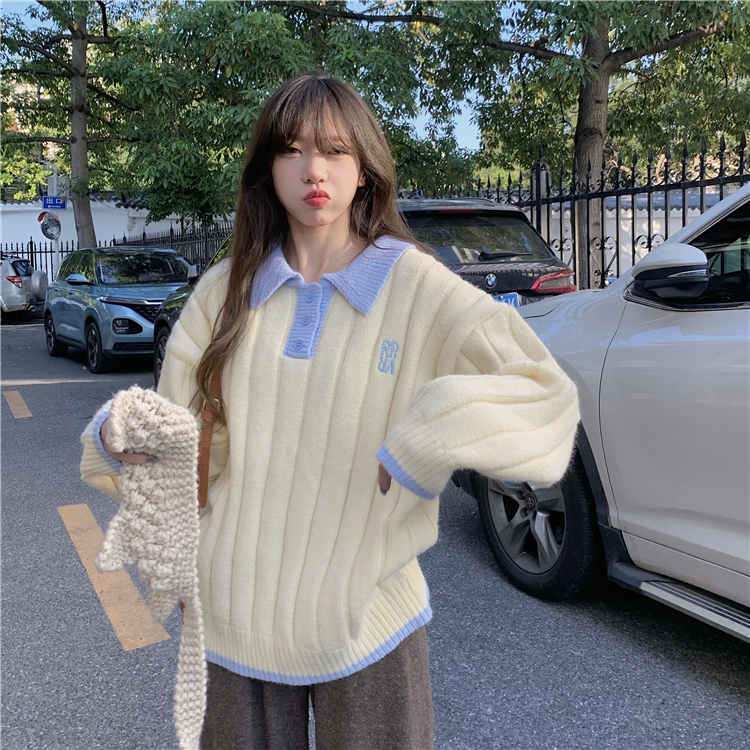 POLO領拼接毛衣女秋冬2024新款清新慵懶風減齡寬鬆加厚針織衫上衣