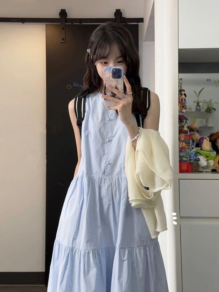 韓系ins簡約風氣質背心連衣裙女夏季新款高級感小眾設計寬鬆長裙