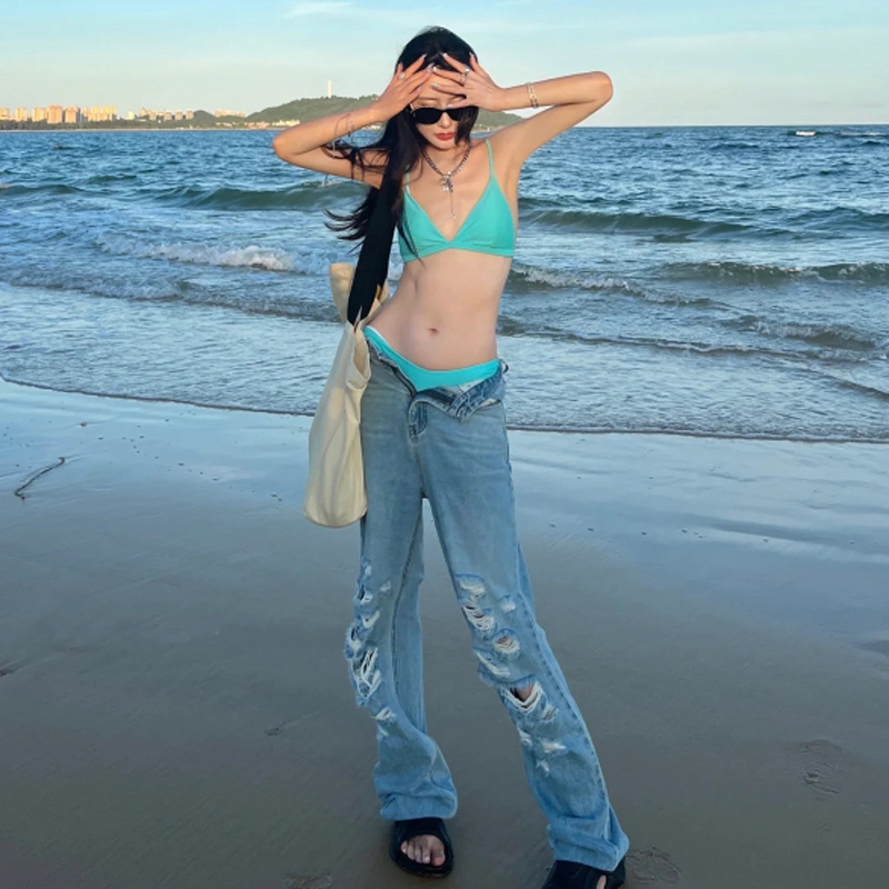 韓國新款時尚簡約撞色女士連體泳裝性感鏤空露背小胸聚攏沙灘泳衣