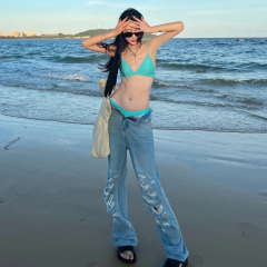 韓國新款時尚簡約撞色女士連體泳裝性感鏤空露背小胸聚攏沙灘泳衣