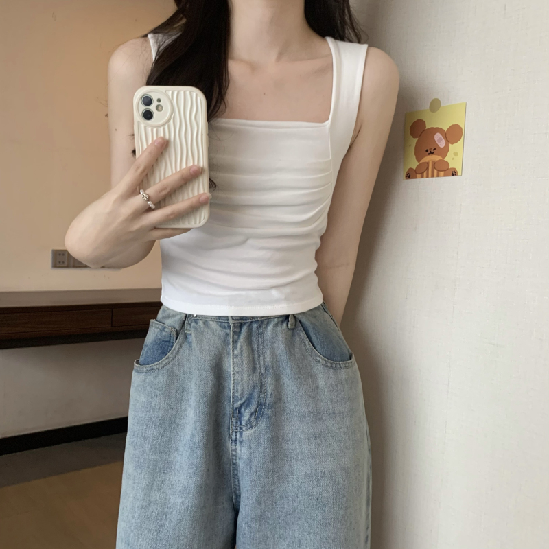 螺紋原版布料帶胸墊辣妹褶皺寬肩帶遮肉吊帶背心