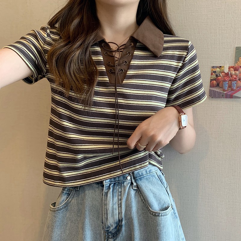 正肩短袖條紋t恤女裝夏季設計感小眾短款法式別致顯瘦polo領T恤