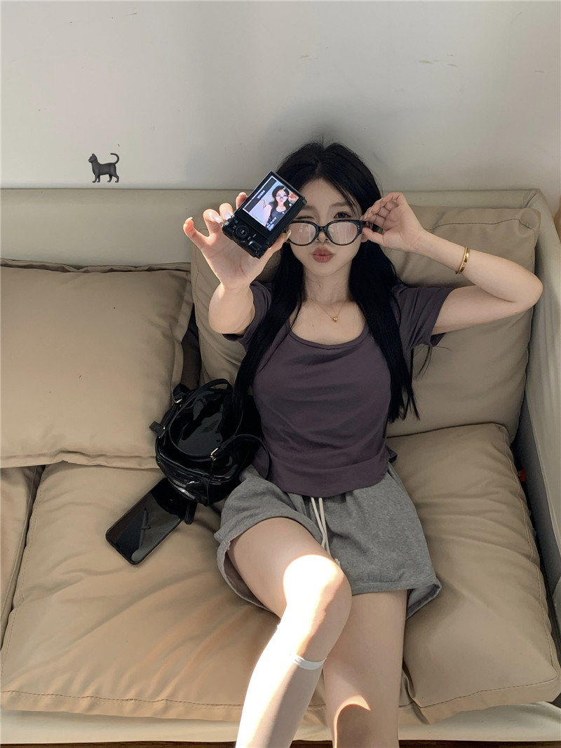 實拍甜辣少女韓系方領不規則百搭多色短袖T恤