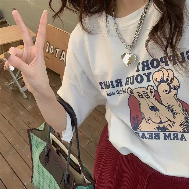 韓版短袖T恤女夏寬鬆百搭印花上衣潮