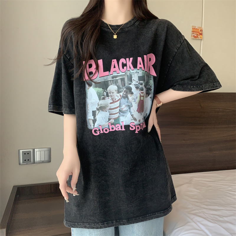 22162# 實拍100%棉220g精梳水洗做舊 寬鬆短袖T恤女寬鬆休閒