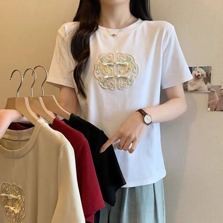 新疆純棉刺繡新中式短袖t恤女夏季新款百搭小眾設計感洋氣上衣潮