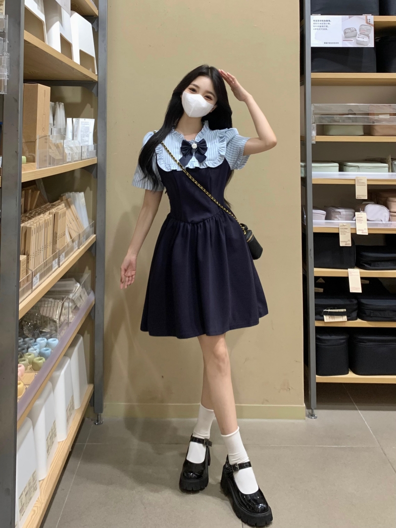 實拍微胖定製大碼胖MM學院風連衣裙女2024夏季收腰遮肚顯瘦裙子女