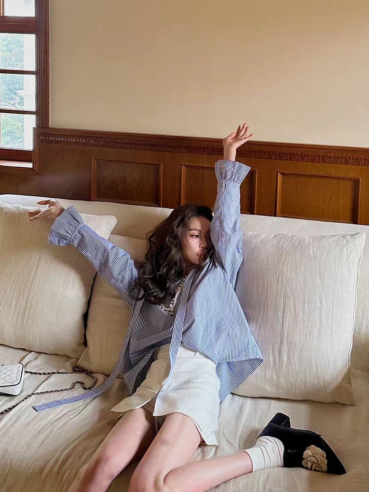 SMOL miu系少女感條紋襯衫女荷葉領內搭外穿百搭休閒上衣