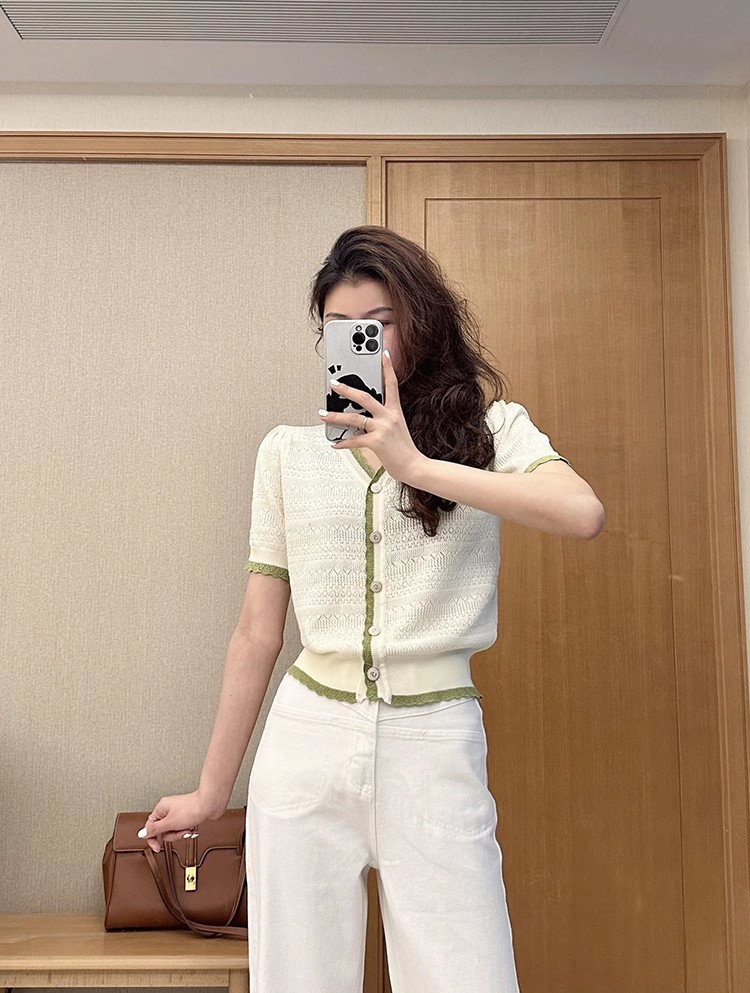韓國chic夏季小香風v領針織衫女裝洋氣時尚短袖寬鬆甜美開衫上衣