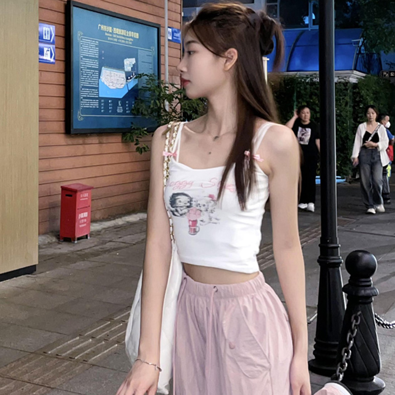 美式高街復古休閒無袖背心短款露臍修身顯瘦上衣夏高腰純欲氣質衫