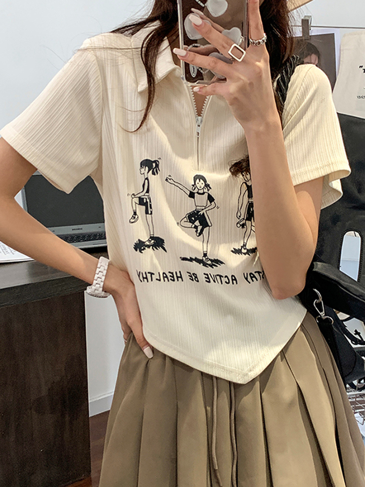 印花不規則設計感polo領紋理短袖T恤衫女夏季2024年新款拉鏈上衣