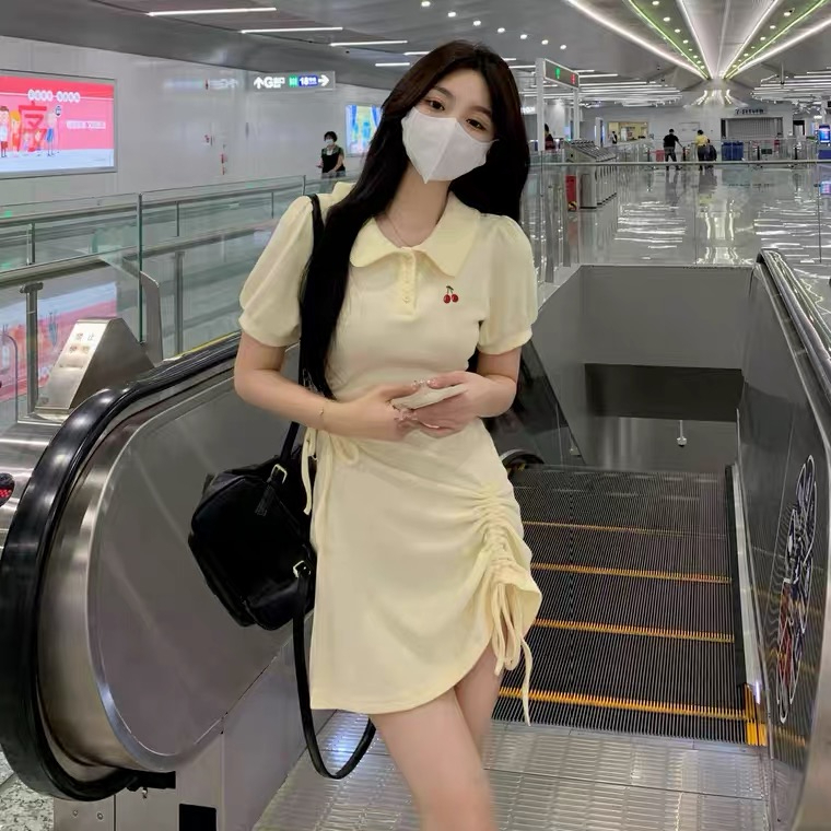 小個子減齡POLO領短袖連衣裙女夏季收腰A字裙抽繩短裙子