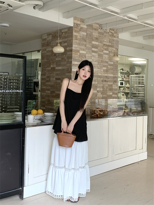實拍西裝面料辣妹風吊帶背心露背無袖上衣+白色度假肌理感半身裙