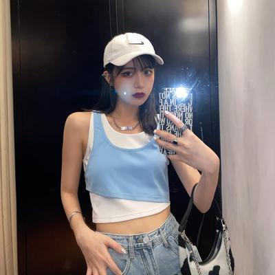 潮牌假兩件T恤女修身2024新款顯瘦泫雅露臍無袖短款背心上衣