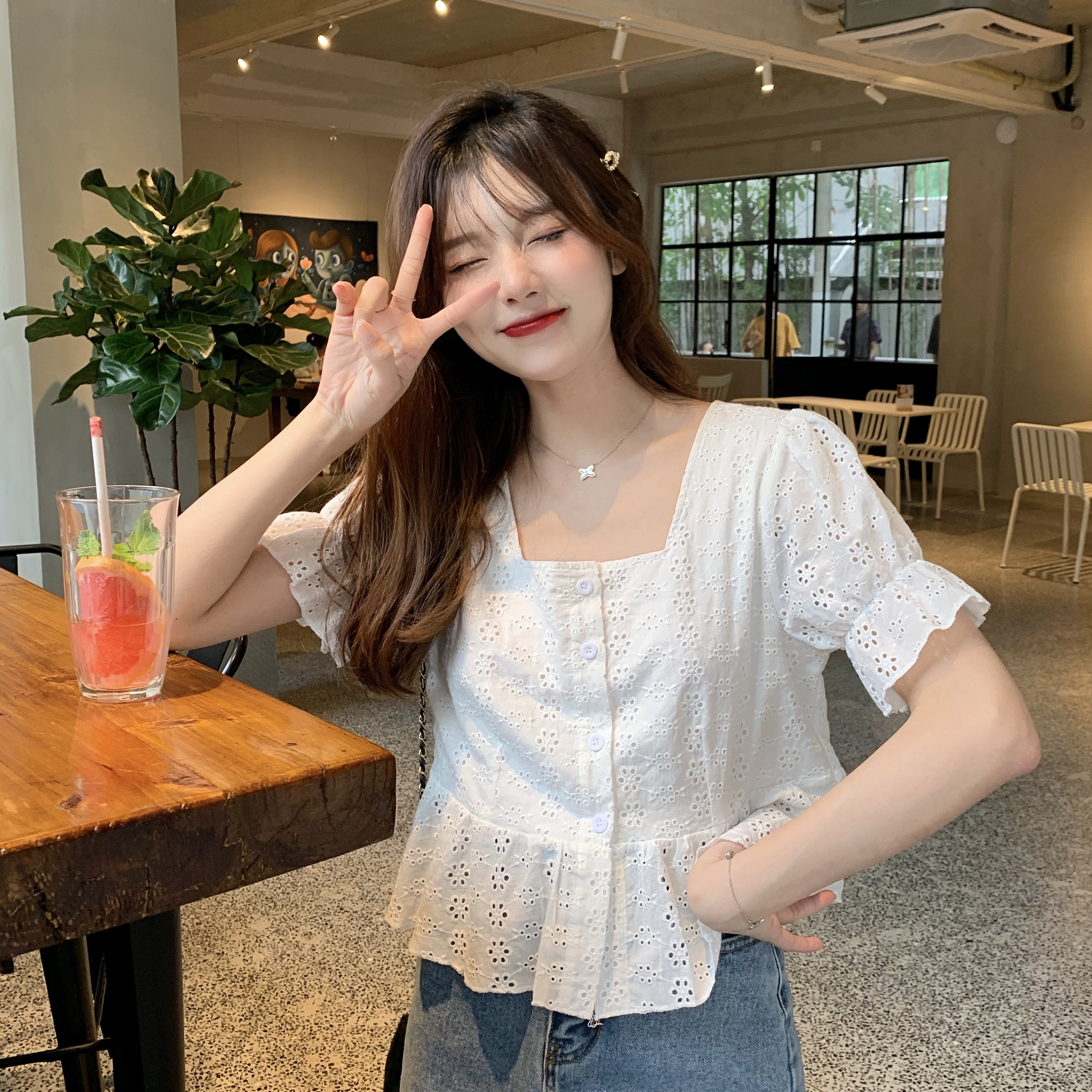夏季新款法式女孩感 復古顯瘦方領娃娃衫短袖短款襯衫上衣女