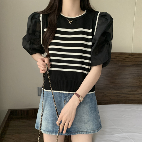 Real shot French fake two-piece knitted sweater spring and summer new style gentle stitching contrasting striped knitted top trendy