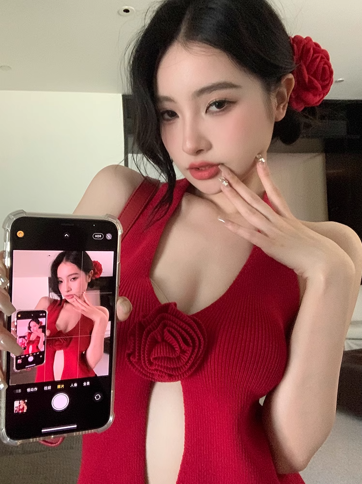 立體花朵針織掛脖吊帶背心女夏季v領甜辣妹性感紅色美背外穿上衣