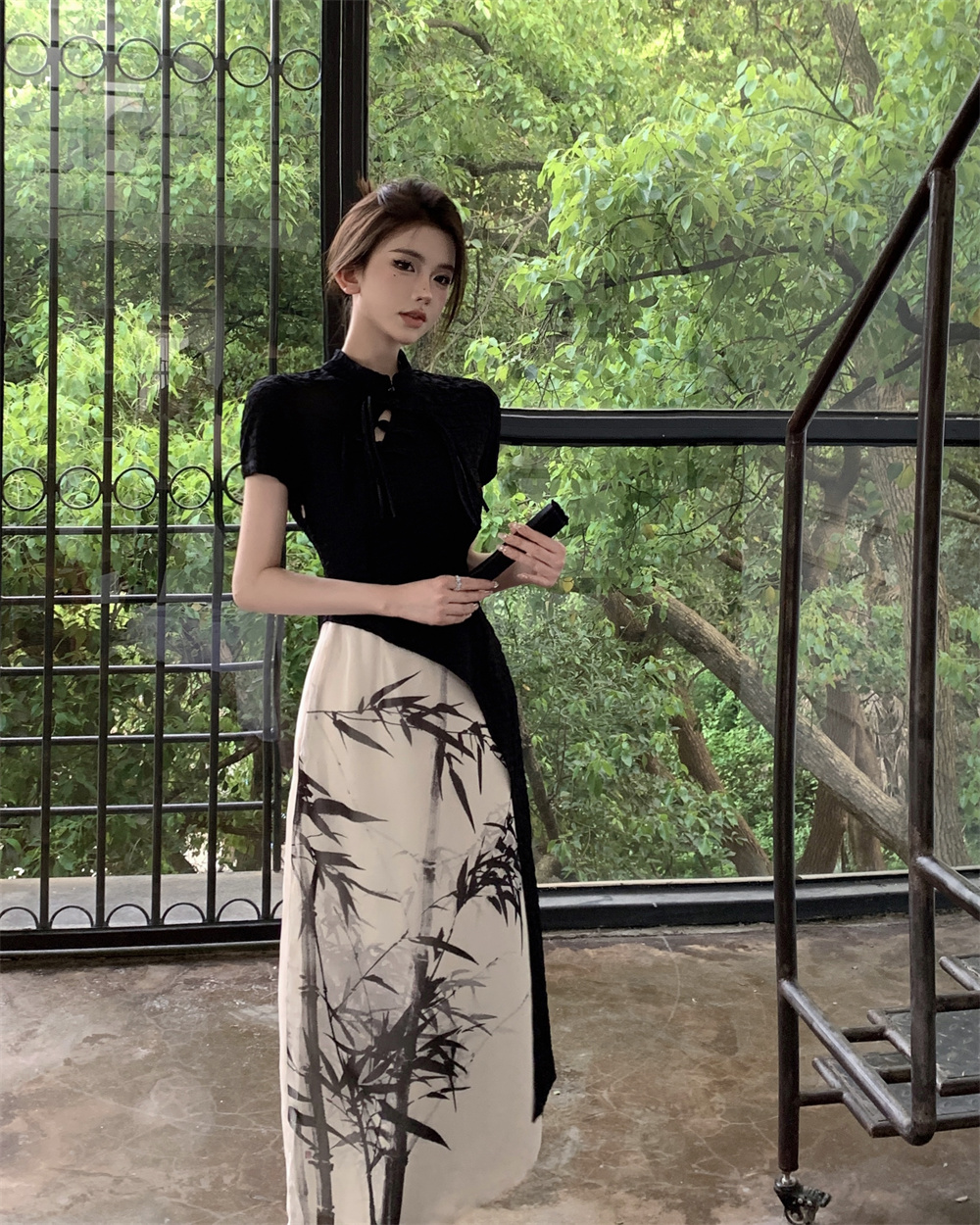 新中式國風短袖連衣裙女裝夏季水墨畫改良旗袍裙子高級感氣質長裙