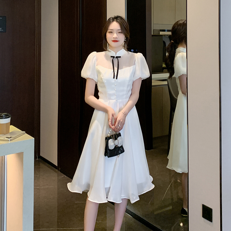 實拍  可拆卸蝴蝶結白色連衣裙小眾高級感夏季新款小禮服日常