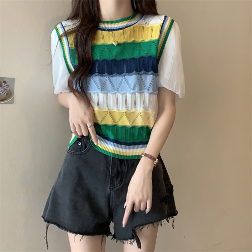 Real shot of Dopamine outfit striped splicing knitted short-sleeved women's fake two-piece T-shirt high-waisted short top trendy