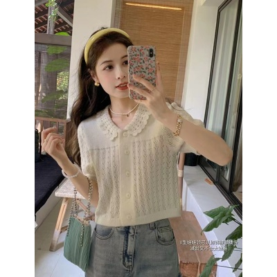 花栗鼠小姐 盧森堡甜夢 甜美手工鈎花針織短袖女春夏直筒寬鬆上衣