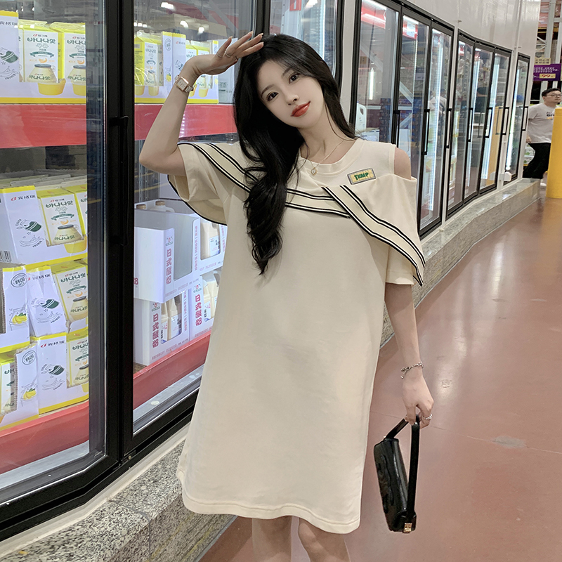實拍~2024大碼女裝韓版洋氣設計拼色連衣裙胖mm顯瘦百搭連衣裙