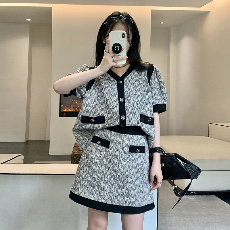實拍~2024大碼套裝韓版雅致拼色小香風連衣裙胖mm顯瘦百搭連衣裙