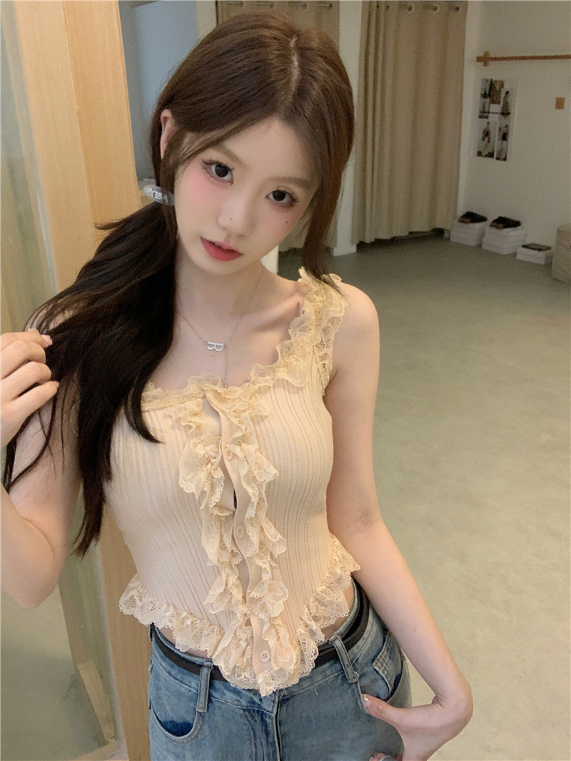 實拍 甜辣妹蕾絲針織吊帶小背心外穿打底上衣