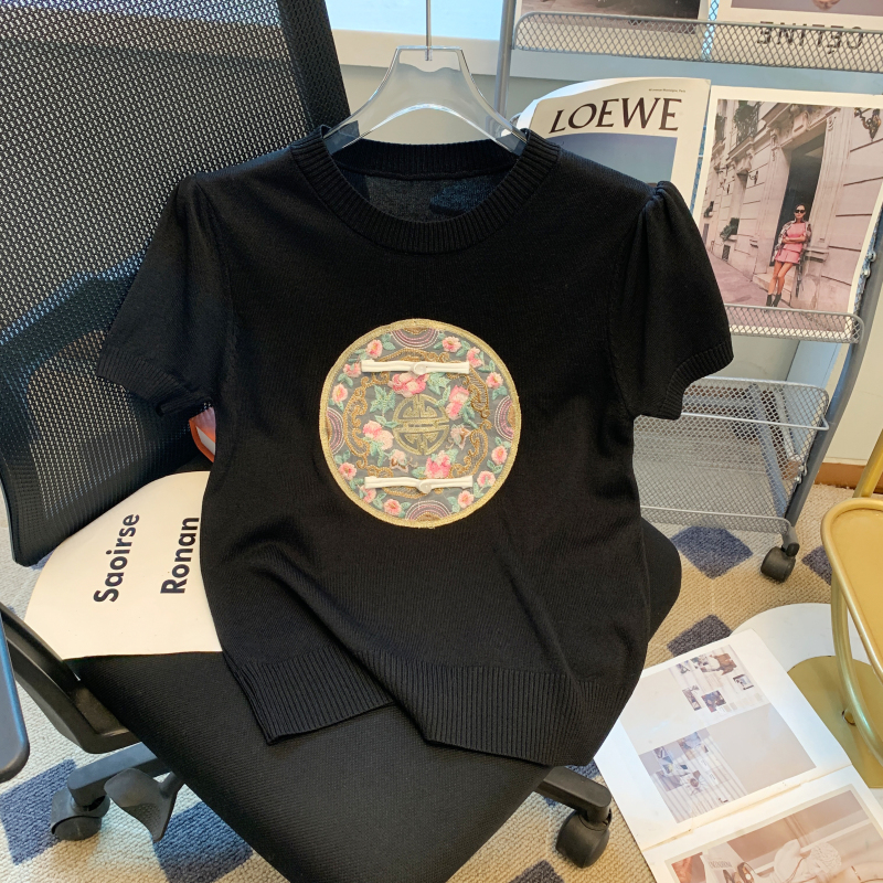 2024夏新中式國風上衣短款復古盤扣小衫打底衫重工刺繡短袖針織女