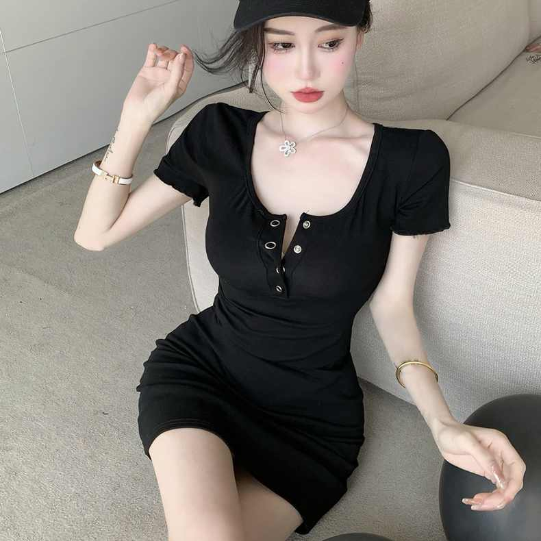已出貨 羅紋 辣妹連衣裙u領性感顯身材修身包臀短裙
