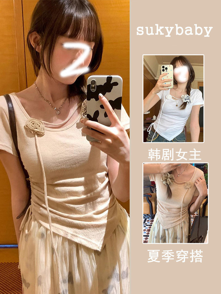韓系純欲正肩短袖T恤女夏季修身顯瘦辣妹氣質上衣