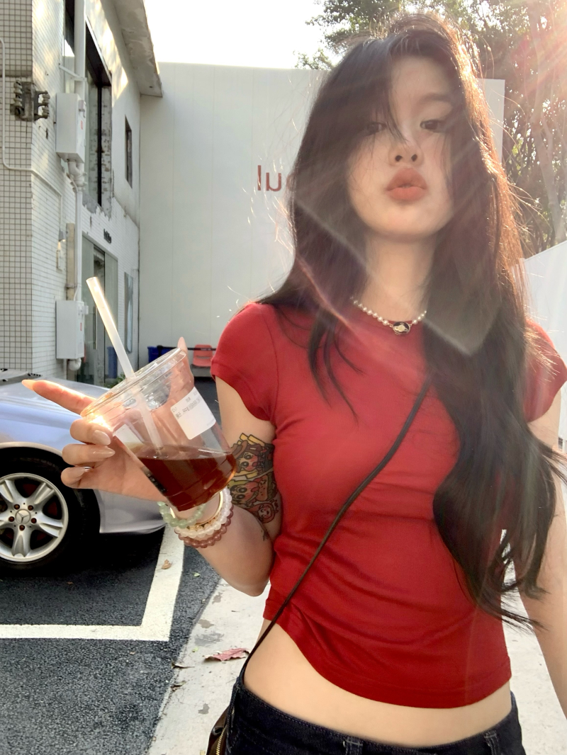 實拍 卡戴珊短t微透內斂甜酷修身別致天絲羊毛短袖t恤女